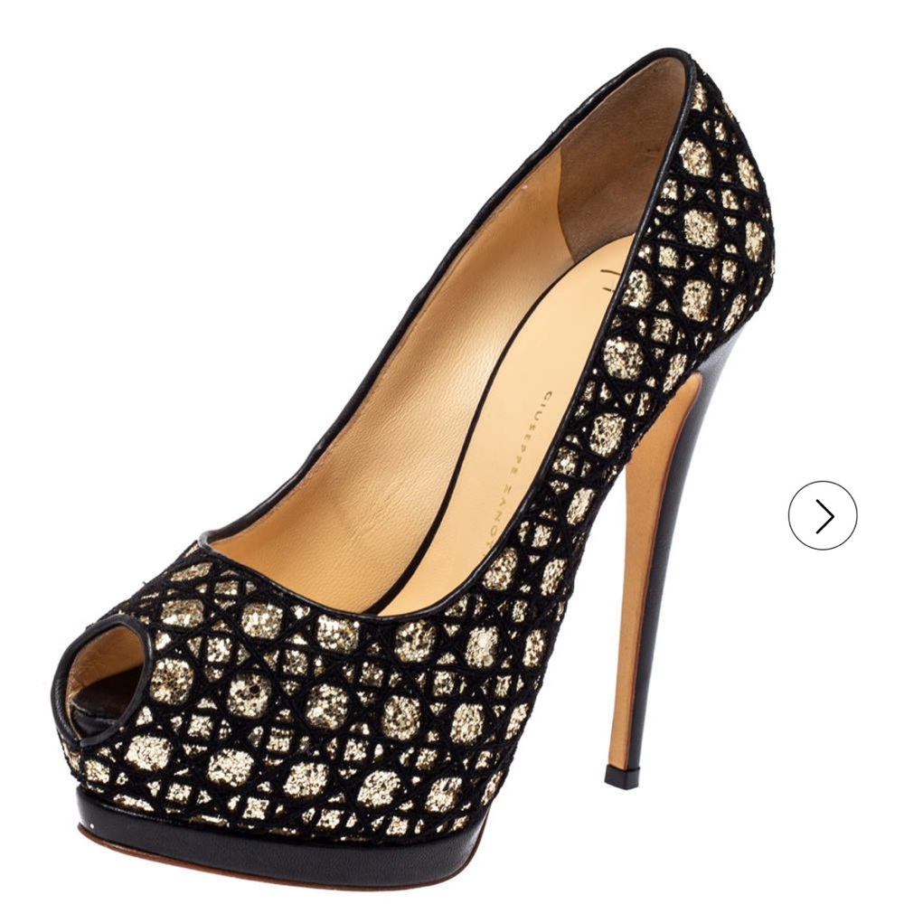Giuseppe Zanotti Black Sharon Glitter And Lace Peep Toe Platform Pumps Size 37 - Picture 2 of 13